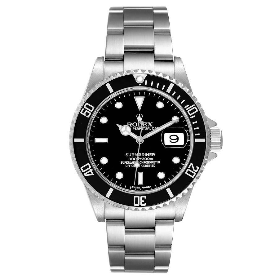 Rolex Submariner Black Dial Steel Mens Watch 16610 Box Card. Officially certified chronometer self-winding movement. Stainless steel case 40.0 mm in diameter. Rolex logo on a crown. Special time-lapse unidirectional rotating bezel. Scratch resistant
