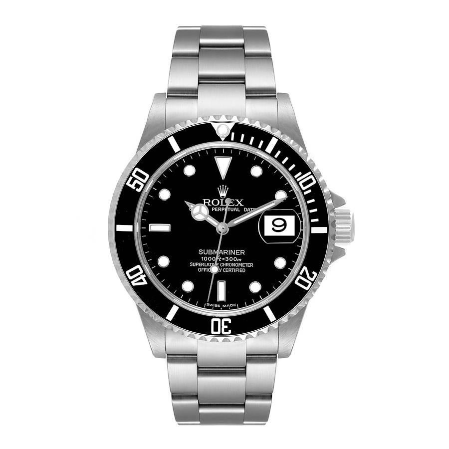 Rolex Submariner Black Dial Steel Mens Watch 16610 Box. Officially certified chronometer self-winding movement. Stainless steel case 40.0 mm in diameter. Rolex logo on a crown. Special time-lapse unidirectional rotating bezel. Scratch resistant