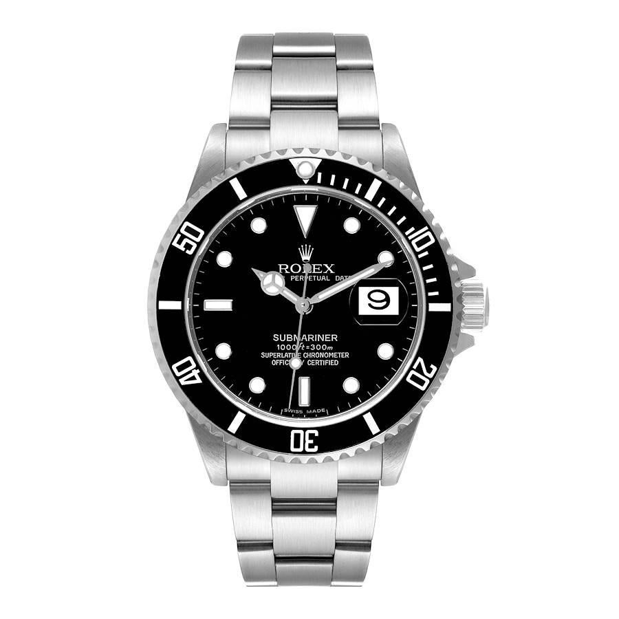 Rolex Submariner Black Dial Steel Mens Watch 16610 Box Papers. Officially certified chronometer self-winding movement. Stainless steel case 40.0 mm in diameter. Rolex logo on a crown. Special time-lapse unidirectional rotating bezel. Scratch