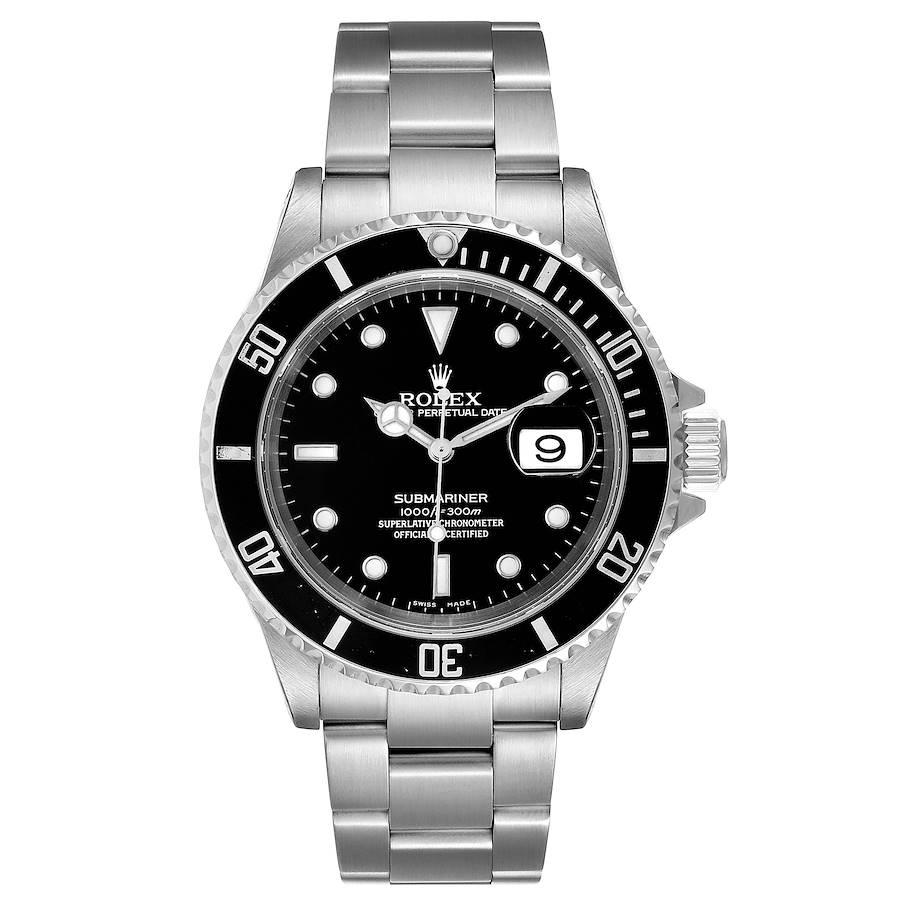Rolex Submariner Black Dial Steel Mens Watch 16610 Box Service card. Officially certified chronometer self-winding movement. Stainless steel case 40.0 mm in diameter. Rolex logo on a crown. Special time-lapse unidirectional rotating bezel. Scratch