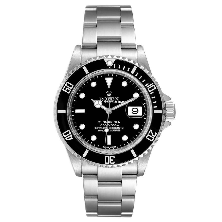 Rolex Submariner Black Dial Steel Mens Watch 16610. Officially certified chronometer self-winding movement. Stainless steel case 40.0 mm in diameter. Rolex logo on a crown. Special time-lapse unidirectional rotating bezel. Scratch resistant sapphire