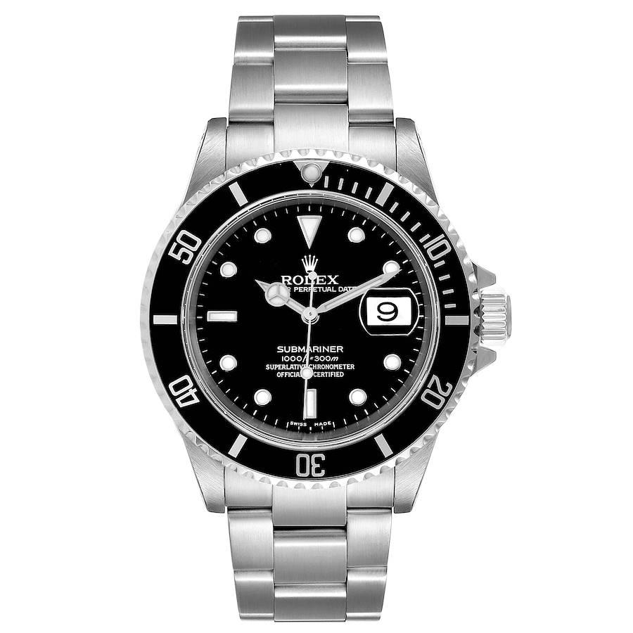 Rolex Submariner Black Dial Steel Mens Watch 16610. Officially certified chronometer self-winding movement. Stainless steel case 40.0 mm in diameter. Rolex logo on a crown. Special time-lapse unidirectional rotating bezel. Scratch resistant sapphire