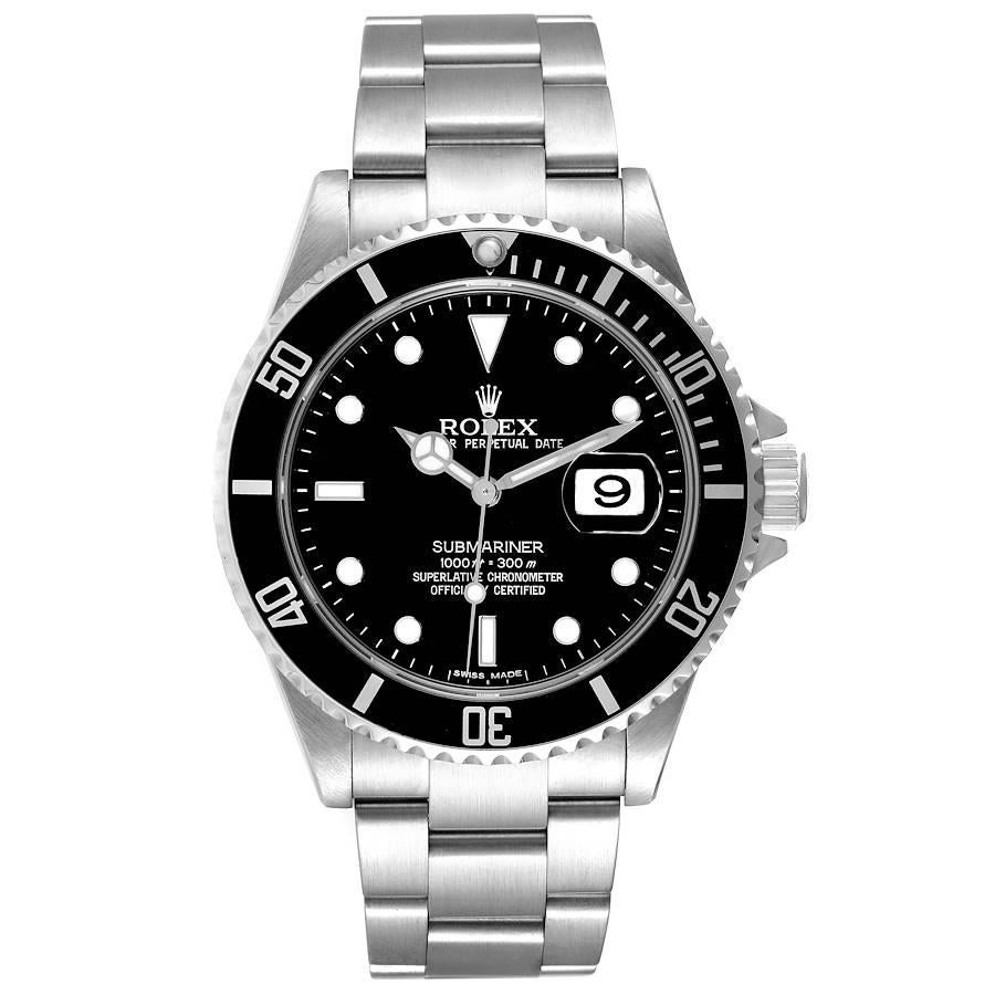 Rolex Submariner Black Dial Steel Mens Watch 16610. Officially certified chronometer self-winding movement. Stainless steel case 40.0 mm in diameter. Rolex logo on a crown. Special time-lapse unidirectional rotating bezel. Scratch resistant sapphire