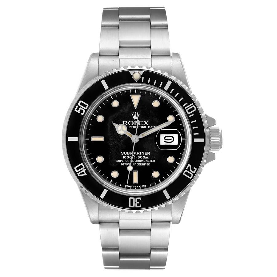 Rolex Submariner Black Dial Steel Vintage Mens Watch 168000 Box Papers. Automatic self-winding movement. Stainless steel case 40.0 mm in diameter. Stainless steel dive bezel with black insert. Scratch resistant sapphire crystal with cyclops