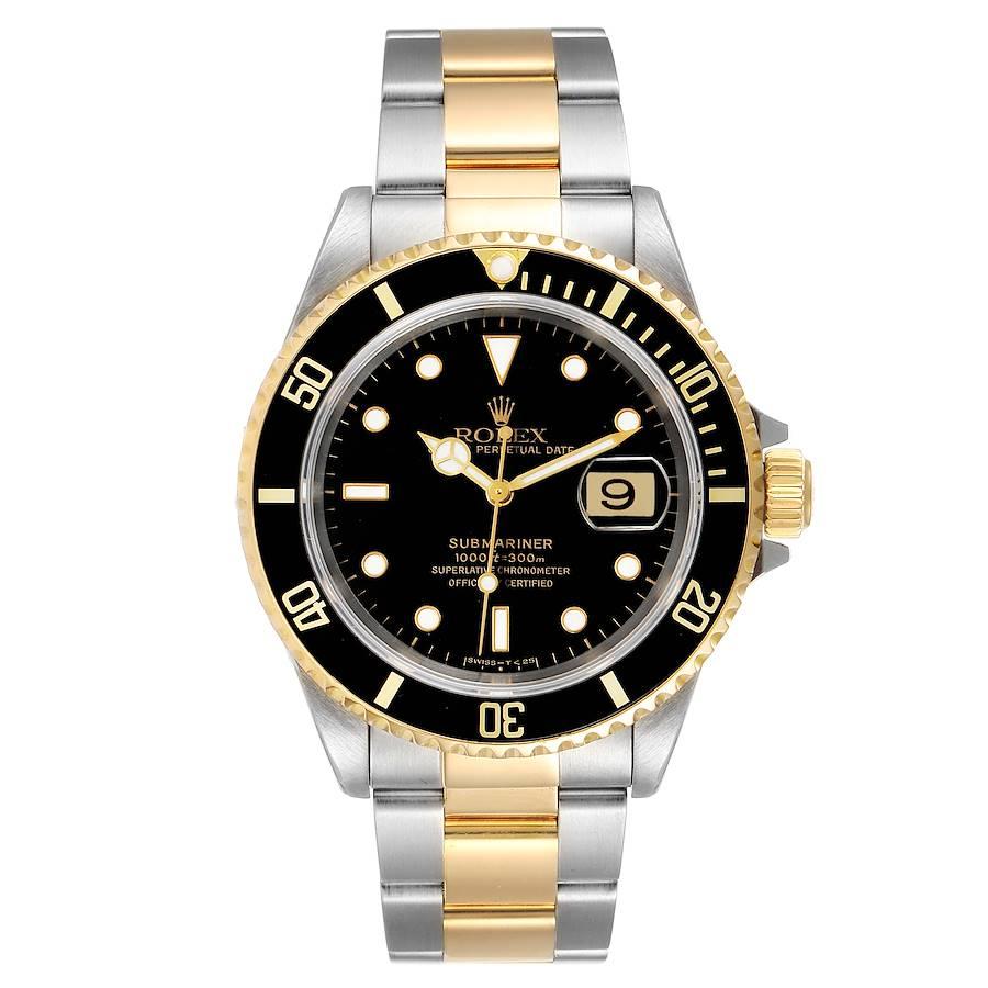 Rolex Submariner Black Dial Steel Yellow Gold Mens Watch 16613 Box Papers. Officially certified chronometer self-winding movement. Stainless steel and 18k yellow gold case 40 mm in diameter. Rolex logo on a crown. Black insert special time-lapse