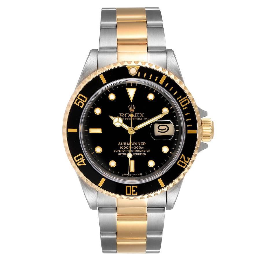 Rolex Submariner Black Dial Steel Yellow Gold Mens Watch 16613. Officially certified chronometer self-winding movement. Stainless steel and 18k yellow gold case 40 mm in diameter. Rolex logo on a crown. Black insert special time-lapse unidirectional
