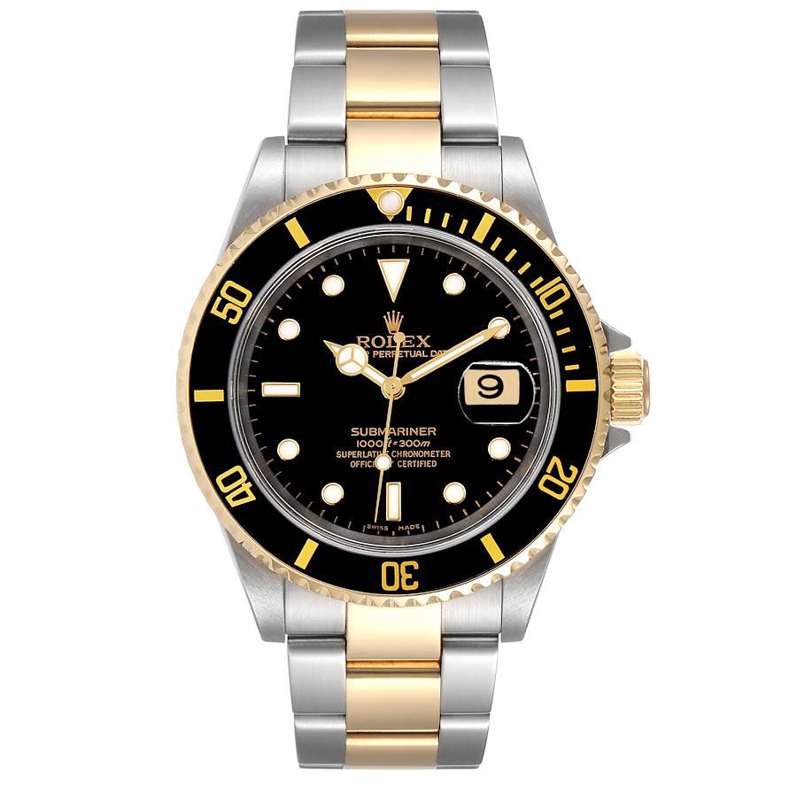 Rolex Submariner Black Dial Steel Yellow Gold Mens Watch 16613. Officially certified chronometer self-winding movement. Stainless steel and 18k yellow gold case 40 mm in diameter. Rolex logo on a crown. Black insert special time-lapse unidirectional