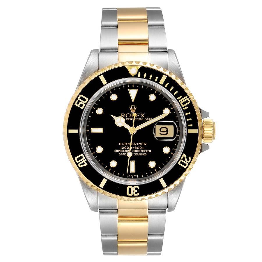 Rolex Submariner Black Dial Steel Yellow Gold Watch 16613 Box Service Card. Officially certified chronometer self-winding movement. Stainless steel and 18k yellow gold case 40 mm in diameter. Rolex logo on a crown. Black insert special time-lapse