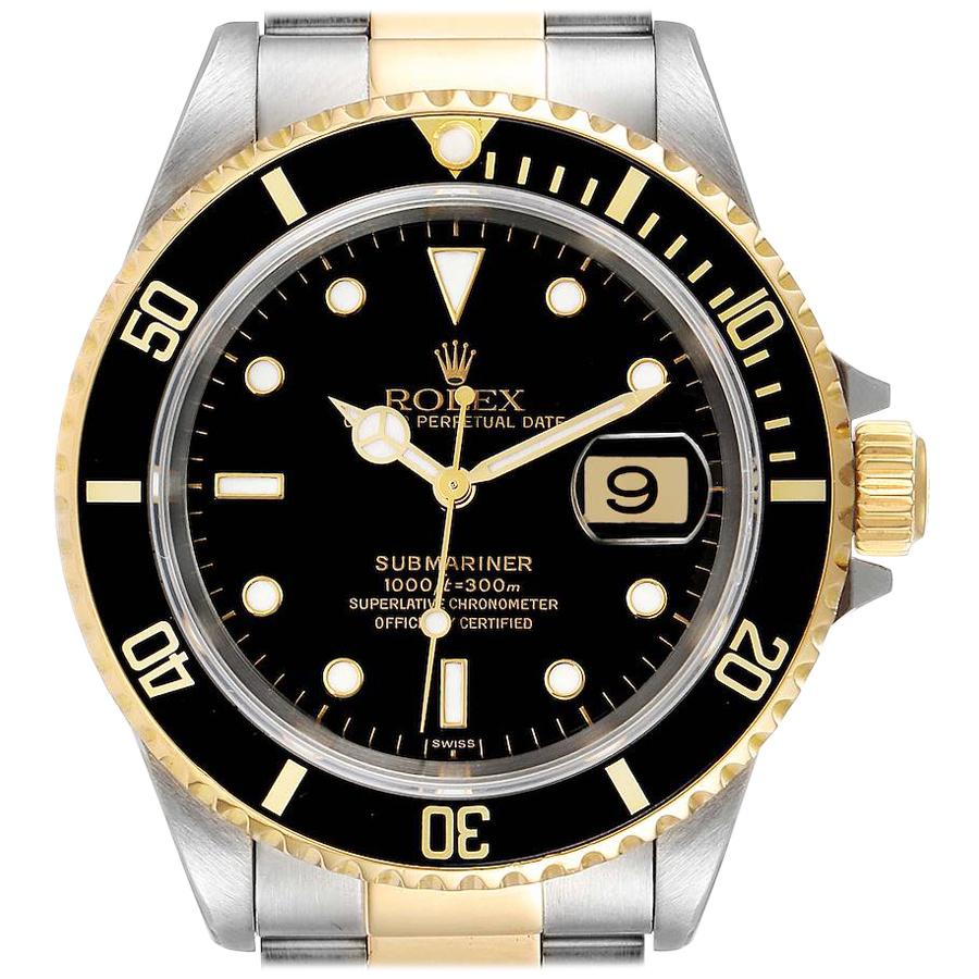 Rolex Submariner Black Dial Steel Yellow Gold Watch 16613 Box Service Card For Sale