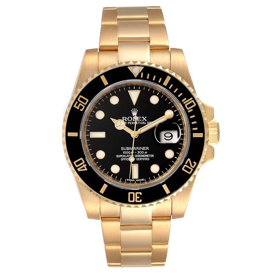 Rolex Submariner Black Dial Yellow Gold Mens Watch 116618 Box Card. Officially certified chronometer self-winding movement. 18k yellow gold case 40.0 mm in diameter. Rolex logo on a crown. Ceramic black Ion-plated special time-lapse unidirectional