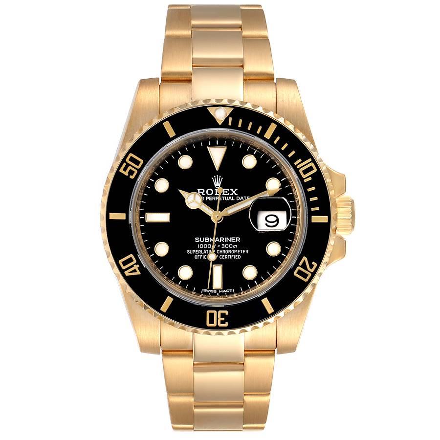 Rolex Submariner Black Dial Yellow Gold Mens Watch 116618 Box Card. Officially certified chronometer self-winding movement. 18k yellow gold case 40.0 mm in diameter. Rolex logo on a crown. Ceramic black Ion-plated special time-lapse unidirectional