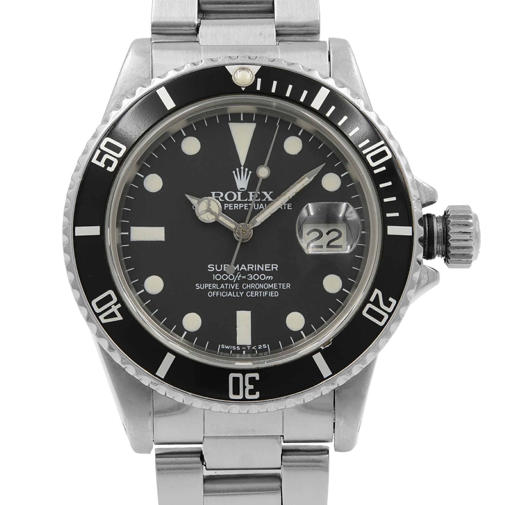 This pre-owned Rolex Submariner  16800 is a beautiful men's timepiece that is powered by an automatic movement which is cased in a stainless steel case. It has a round shape face, date dial and has hand sticks & dots style markers. It is completed