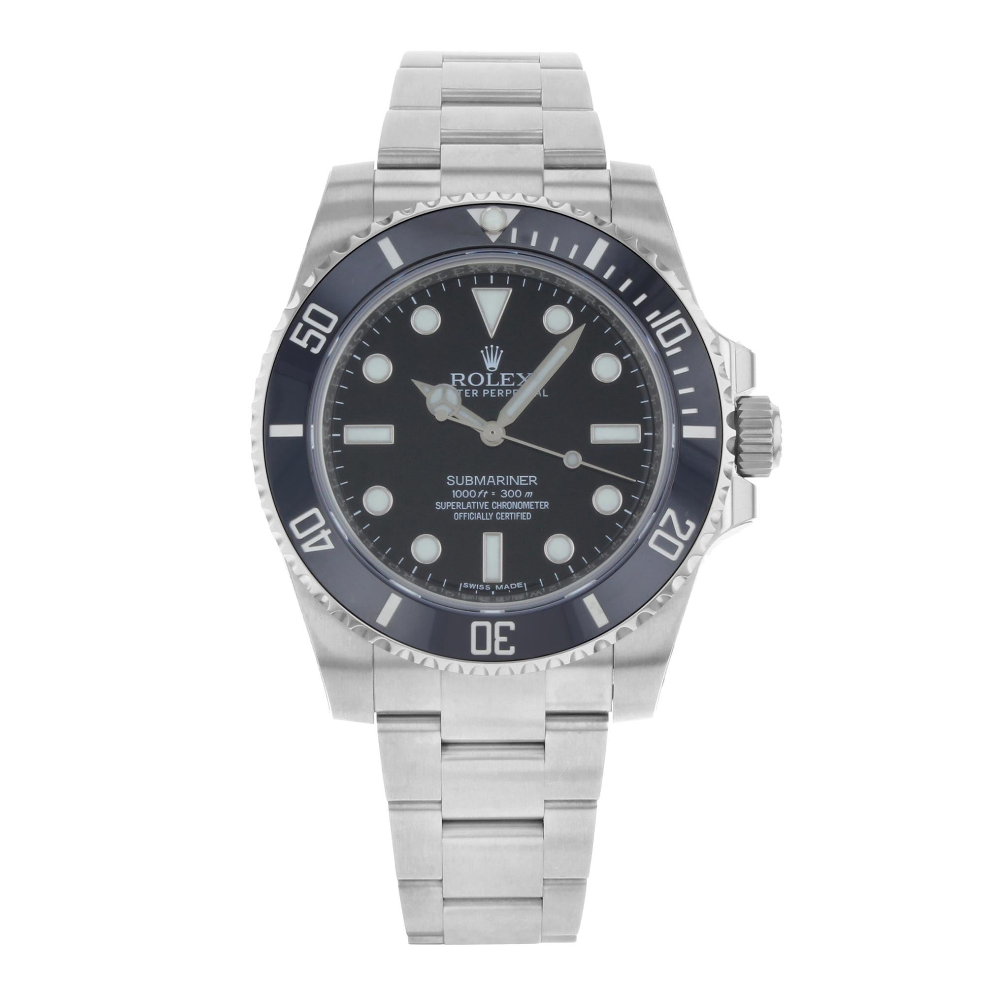 This brand new Rolex Submariner 114060 is a beautiful men's timepiece that is powered by an automatic movement which is cased in a stainless steel case. It has a round shape face, no features dial and has hand sticks & dots style markers. It is