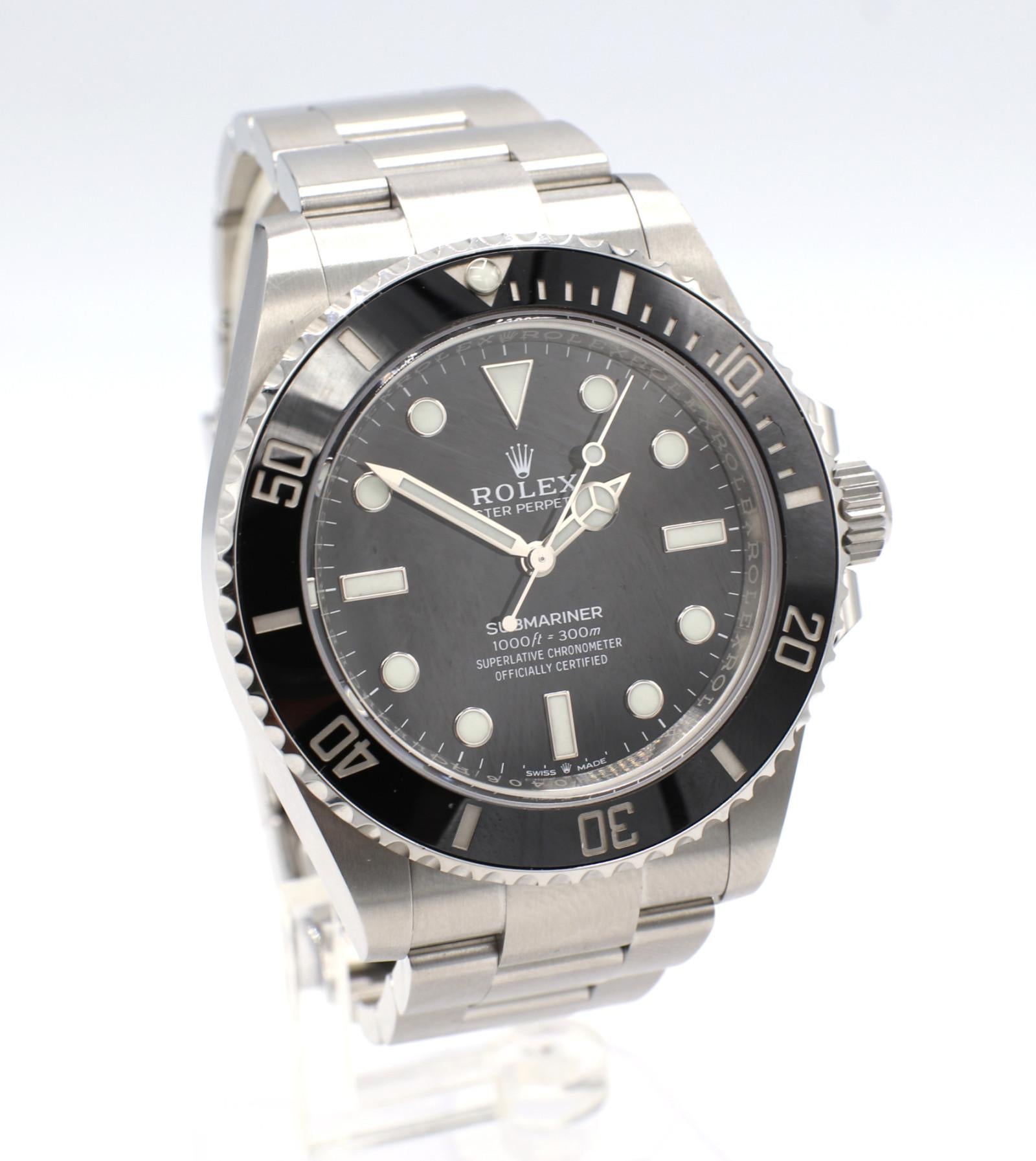 Rolex Submariner Black Stainless Steel 124060 No Date Watch
Model: 124060
Serial: P77H**** (Card dated 2021)
Case: 41mm
Bracelet: Oystersteel Oyster w/ Glidelock clasp
Metal: Stainless steel
Notes: Box, papers, full links
Movement: Automatic
Dial: