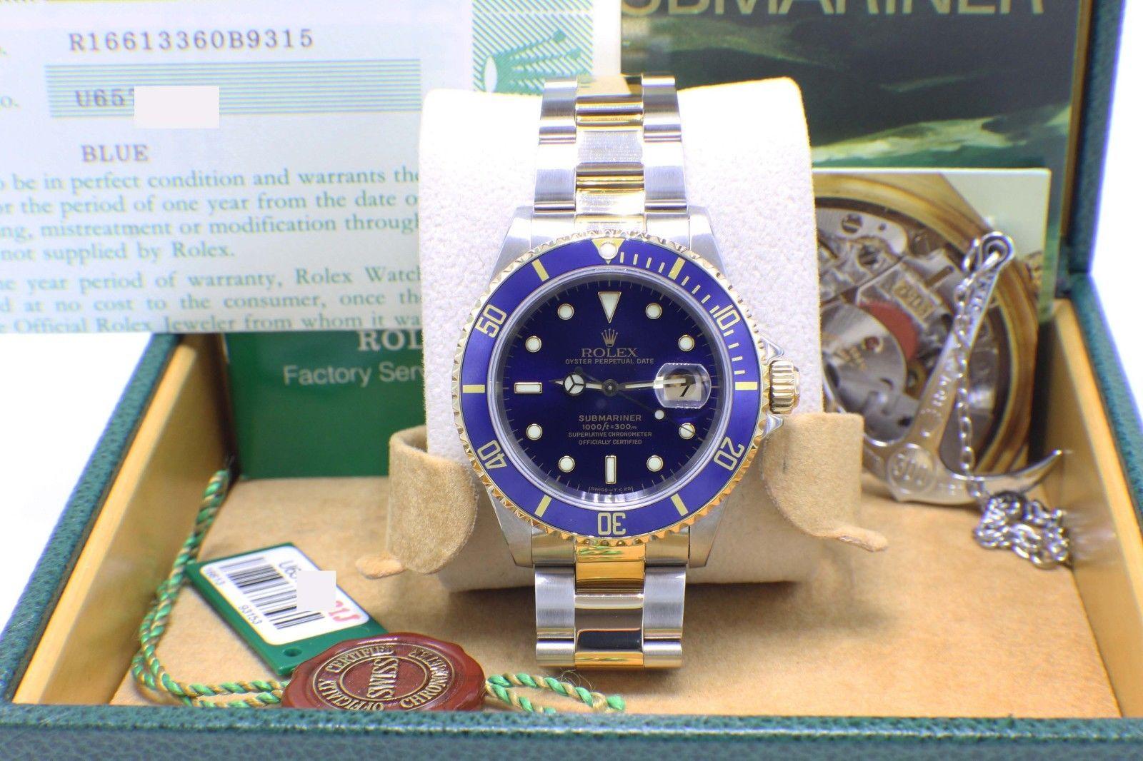 Rolex Submariner Blue 16613 18 Karat Gold and Stainless Steel Box and Papers In Excellent Condition In San Diego, CA