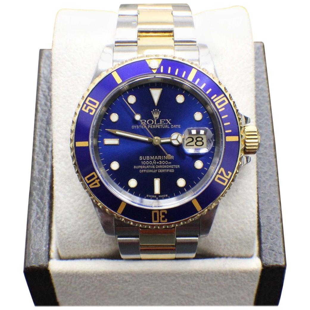 Rolex Submariner Blue 16613 18 Karat Gold and Stainless Steel Box and Papers