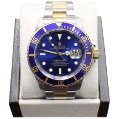 Vintage Rolex Submariner Blue 16613 18 Karat Gold and Stainless Steel Box and Papers