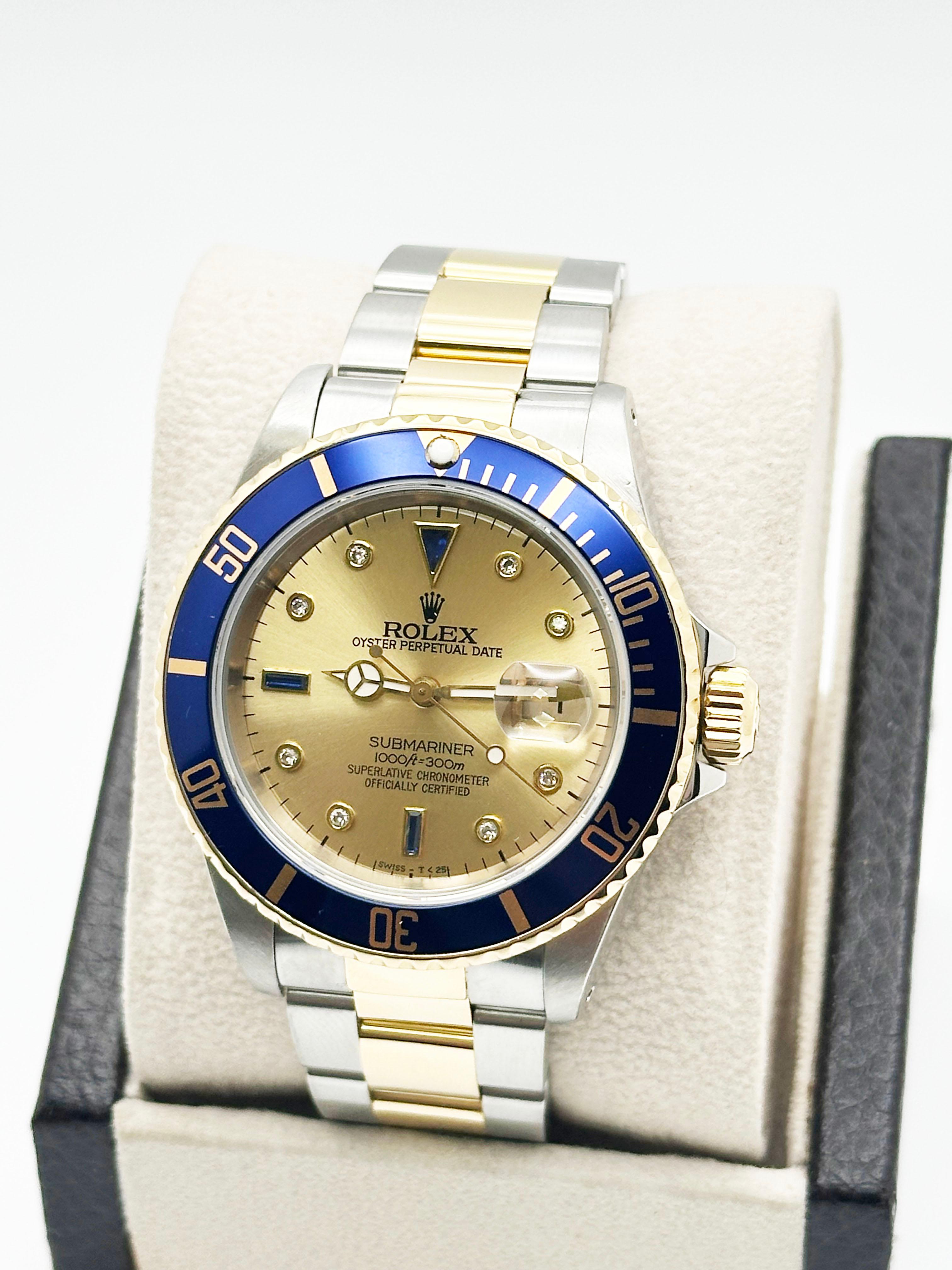Rolex Submariner Azul 16613 Champán Serti Esfera Diamante Oro Amarillo 18K Acero en Excelente estado para la venta en San Diego, CA