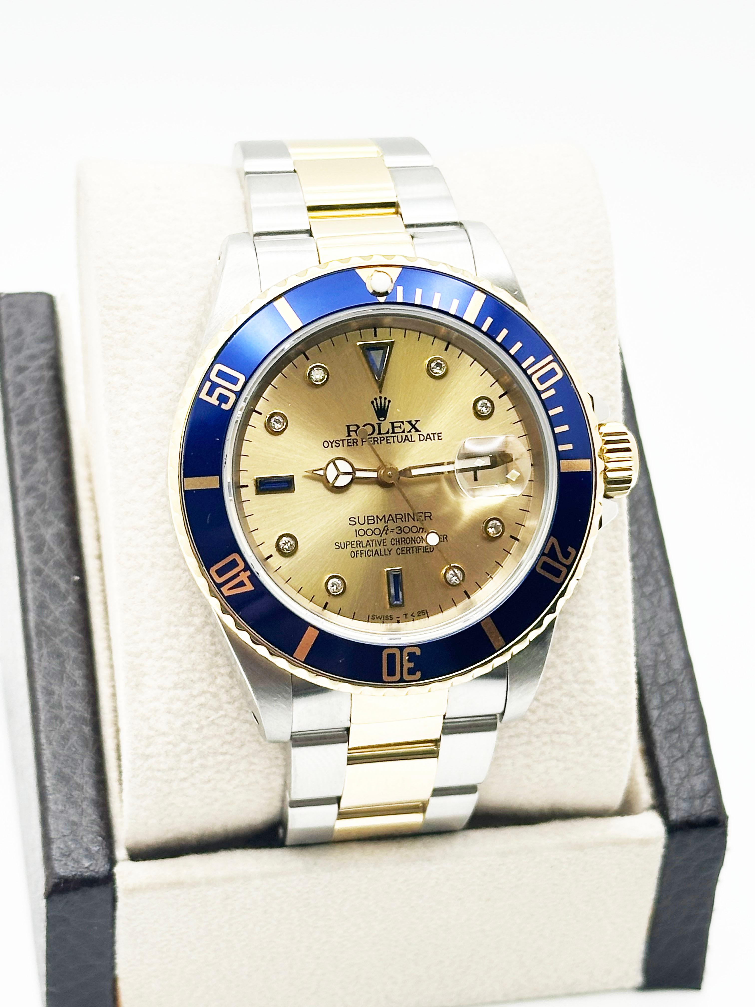 De los hombres Rolex Submariner Azul 16613 Champán Serti Esfera Diamante Oro Amarillo 18K Acero en venta