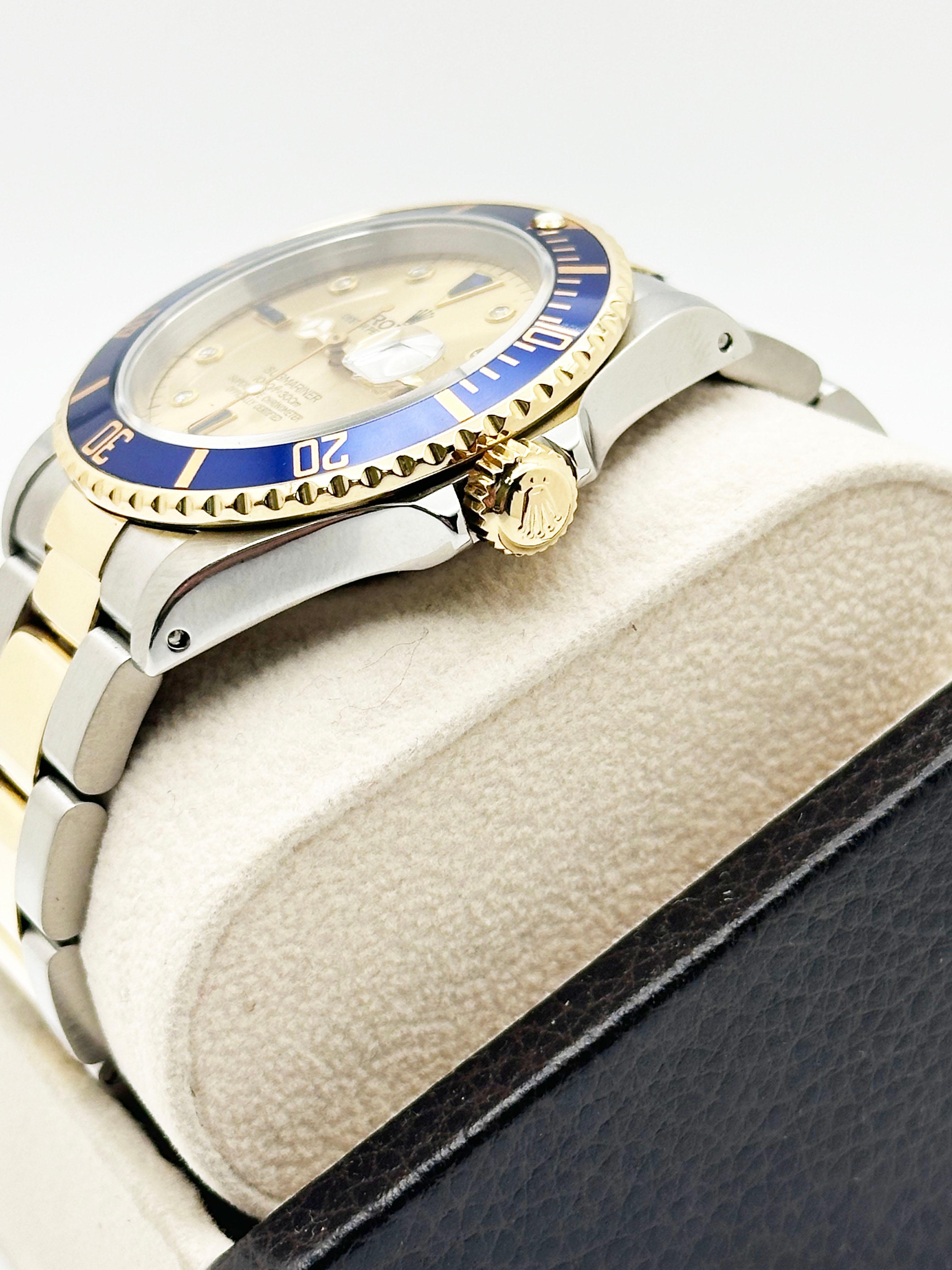 Rolex Submariner Azul 16613 Champán Serti Esfera Diamante Oro Amarillo 18K Acero en venta 1