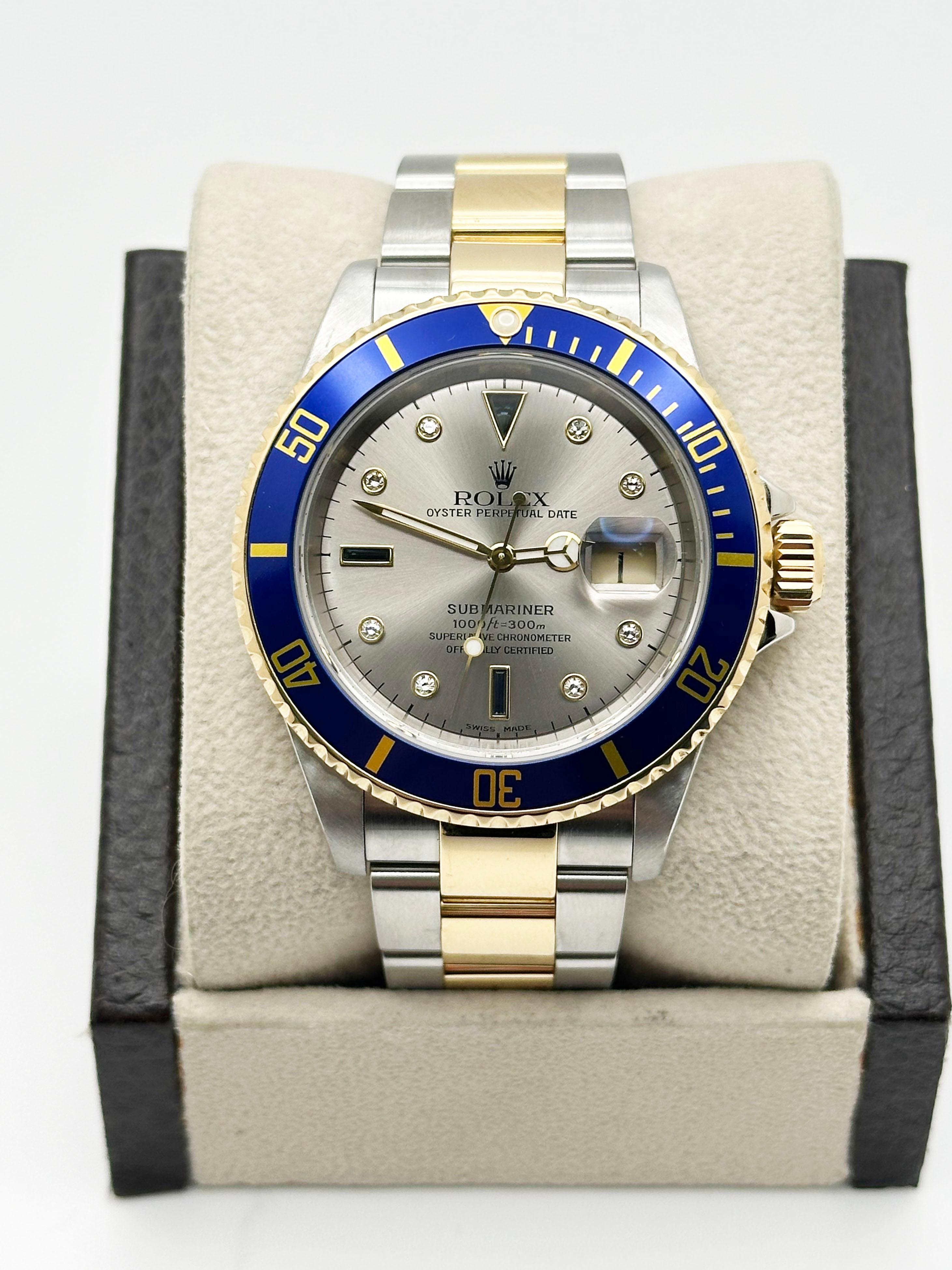 Numero di stile: 16613

Seriale: K178***

Anno: 2000
 
Model: Rolex Submariner
 
Materiale della cassa: Acciaio inossidabile
 
Fascia: oro giallo 18 carati e acciaio inossidabile 
  
Lunetta: blu
  
Quadrante: Quadrante originale di fabbrica Rolex