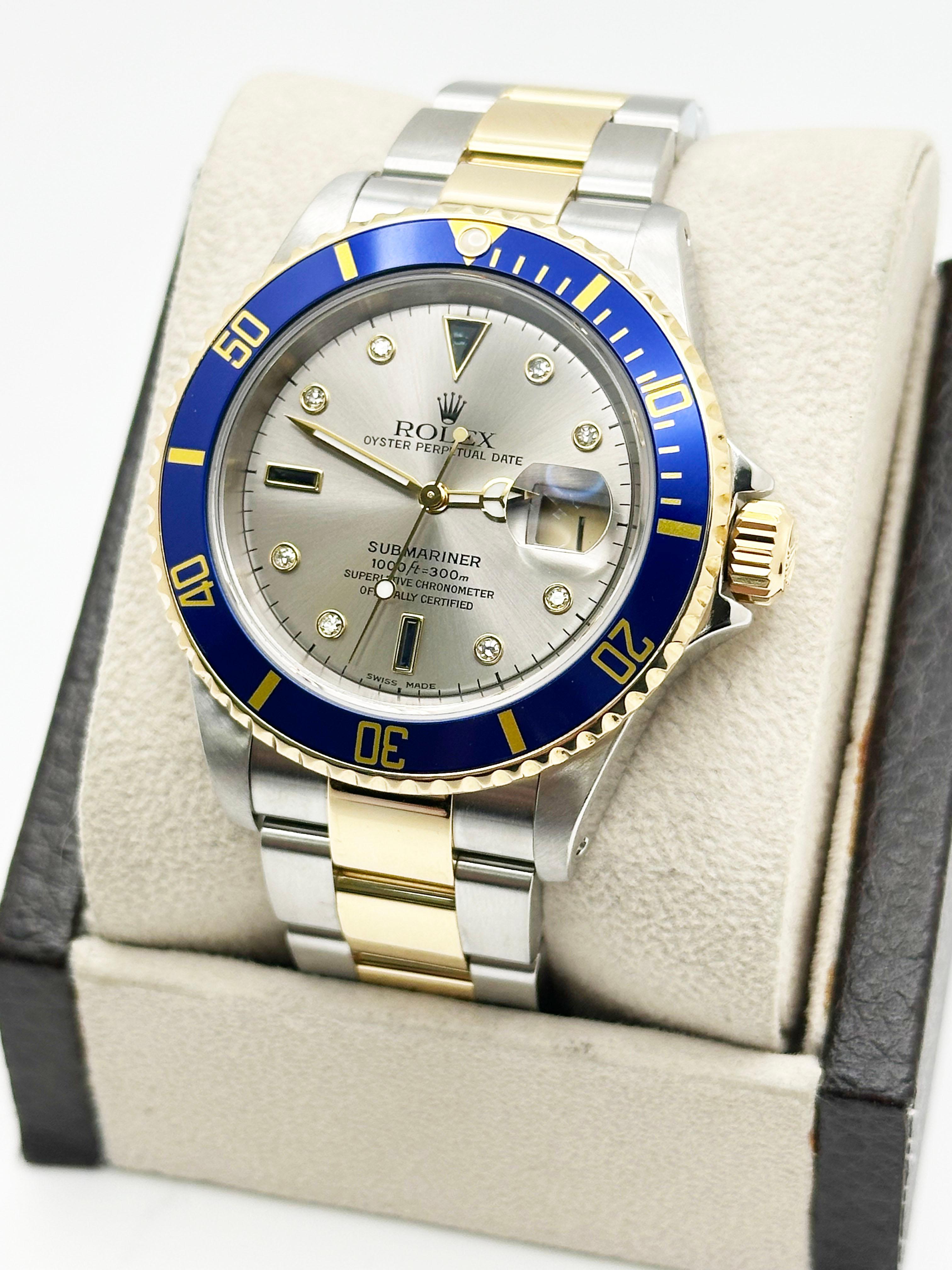 Rolex Submariner Blu 16613 Argento Quadrante Serti Diamante Zaffiro Acciaio Oro 18 carati In condizioni ottime in vendita a San Diego, CA