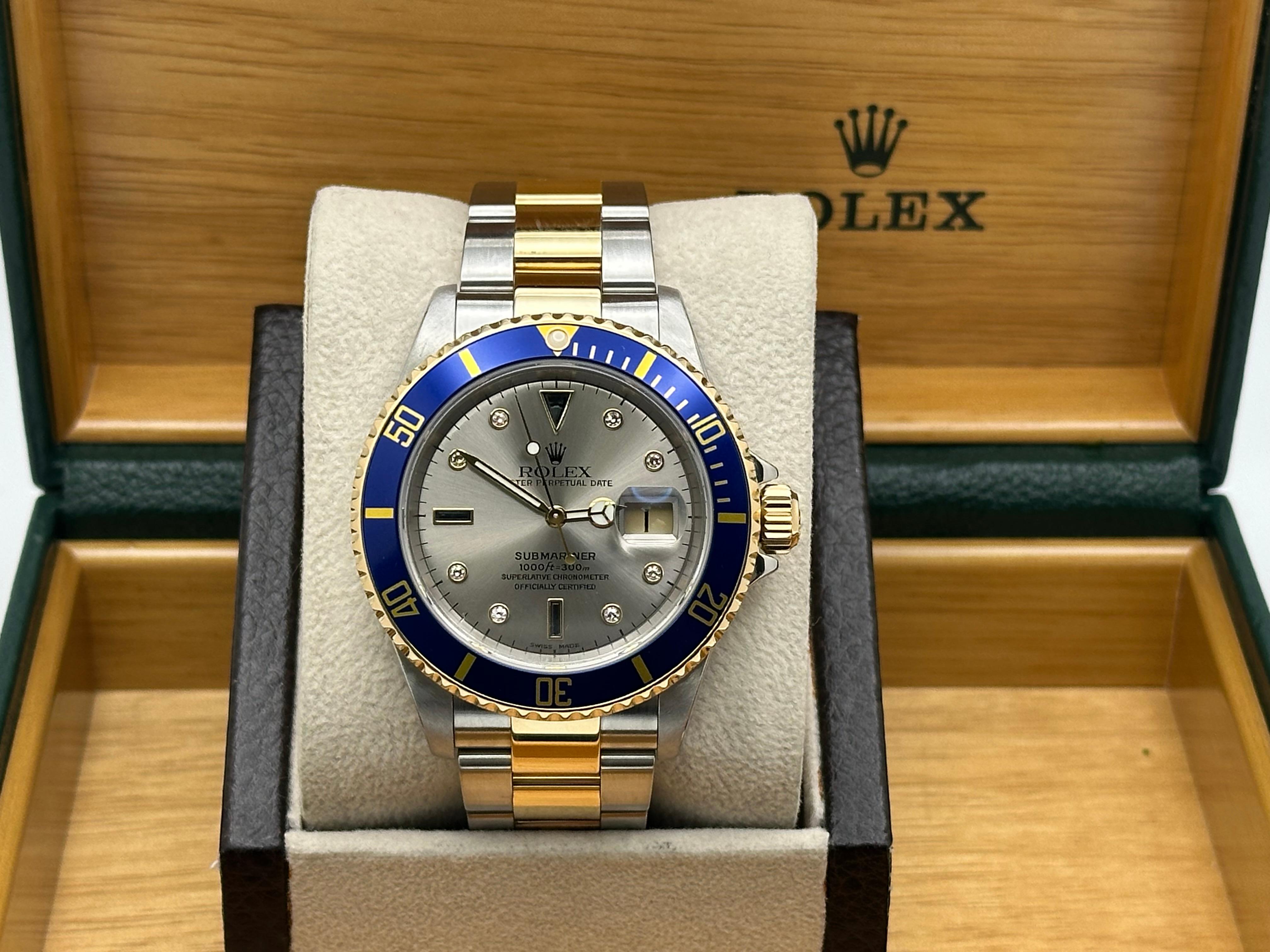 Rolex Submariner Blu 16613 Argento Quadrante Serti Diamante Zaffiro Acciaio Oro 18 carati in vendita 3
