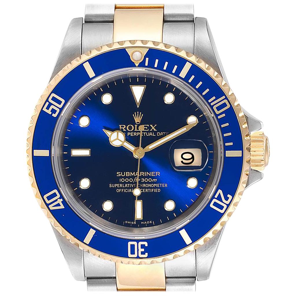 Rolex Submariner Blue Dial and Bezel Steel Gold Watch 16613 Box Papers For Sale