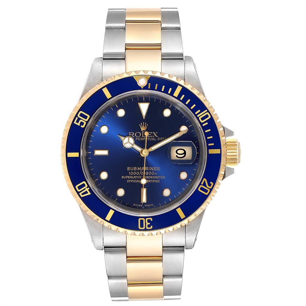 Rolex Submariner Blue Dial Bezel Steel Yellow Gold Mens Watch 16613. Officially certified chronometer self-winding movement. Stainless steel and 18k yellow gold case 40 mm in diameter. Rolex logo on a crown. Blue insert special time-lapse