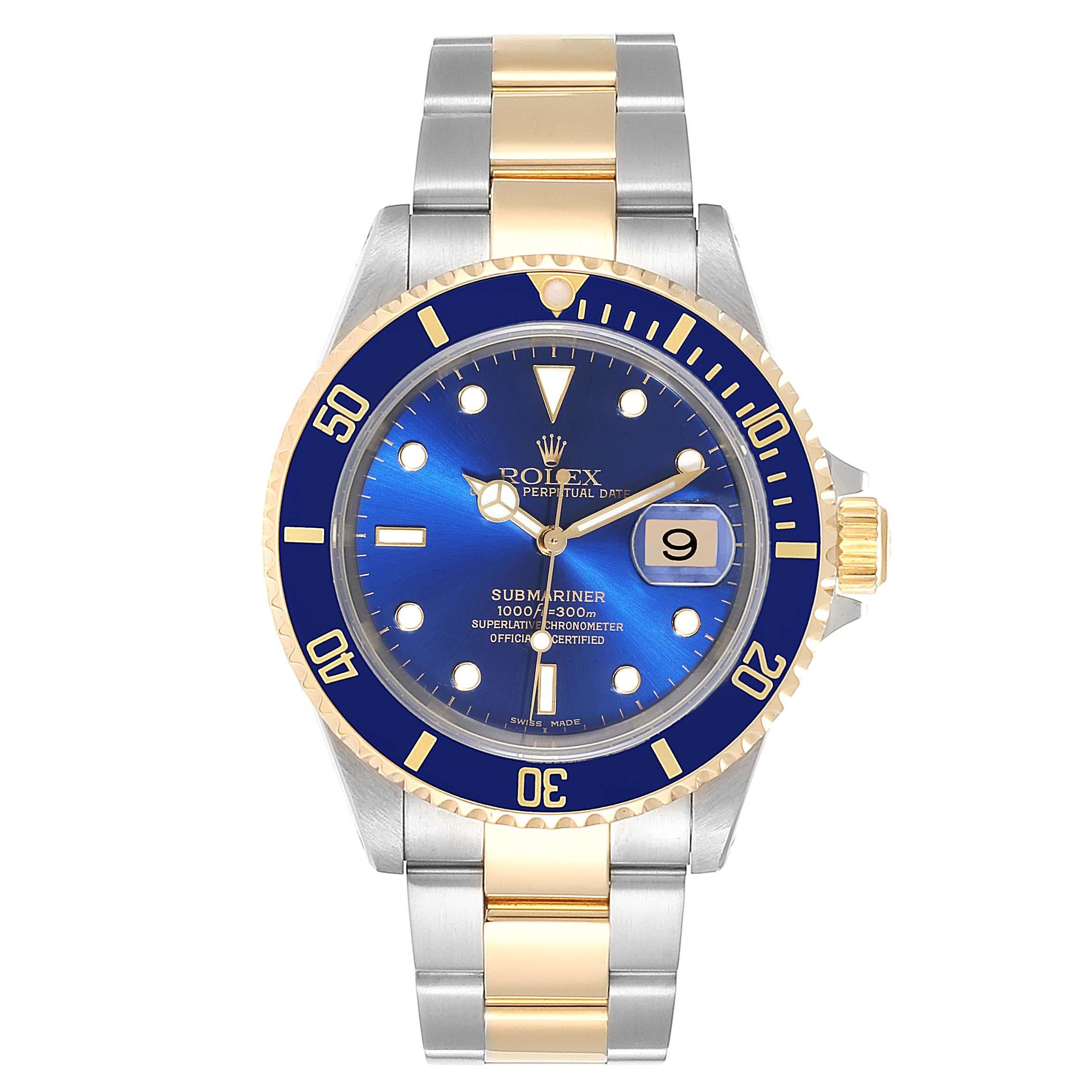 Rolex Submariner Blue Dial Bezel Steel Yellow Gold Mens Watch 16613. Officially certified chronometer self-winding movement. Stainless steel and 18k yellow gold case 40 mm in diameter. Rolex logo on a crown. Blue insert special time-lapse
