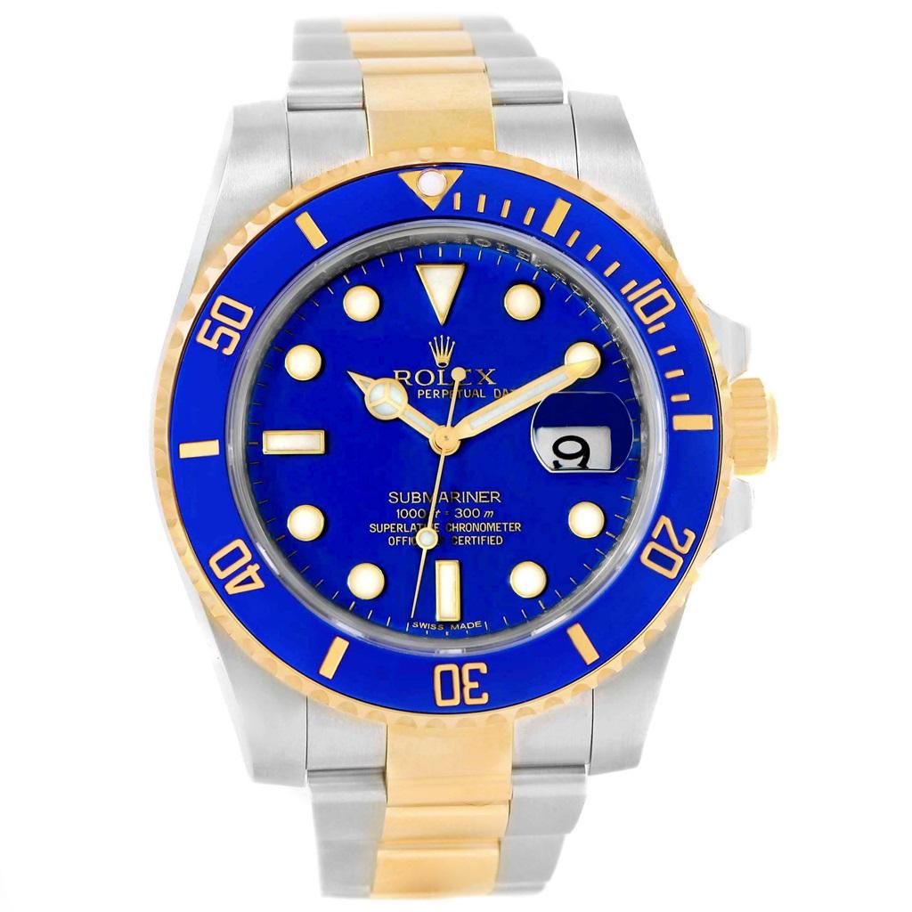 Rolex Submariner Blue Dial Steel Yellow Gold Mens Watch 116613 Box Card. Officially certified chronometer self-winding movement. Stainless steel and 18k yellow gold case 40.0 mm in diameter. Rolex logo on a crown. Ceramic blue Ion-plated special