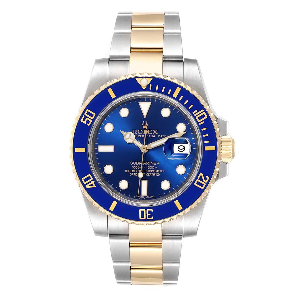 Rolex Submariner Blue Dial Steel Yellow Gold Mens Watch 116613 Box Card. Officially certified chronometer self-winding movement. Stainless steel and 18k yellow gold case 40.0 mm in diameter. Rolex logo on a crown. Ceramic blue Ion-plated special