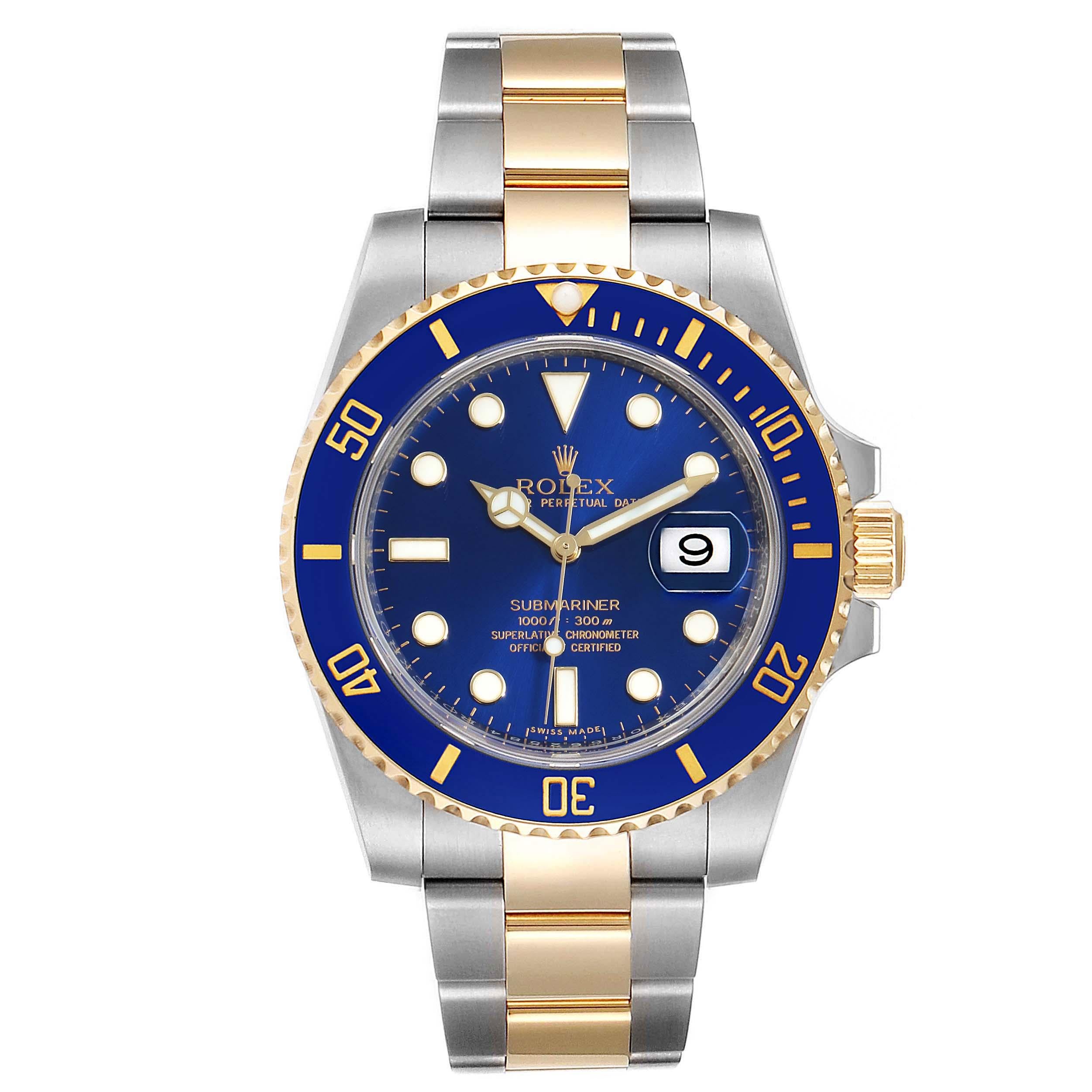Rolex Submariner Blue Dial Steel Yellow Gold Mens Watch 116613 Box Card. Officially certified chronometer self-winding movement. Stainless steel and 18k yellow gold case 40.0 mm in diameter. Rolex logo on a crown. Ceramic blue Ion-plated special