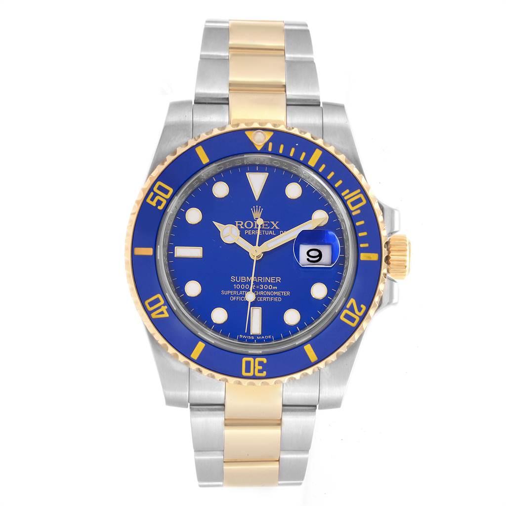 Rolex Submariner Blue Dial Steel Yellow Gold Men's Watch 116613 Box Card In Good Condition For Sale In Atlanta, GA