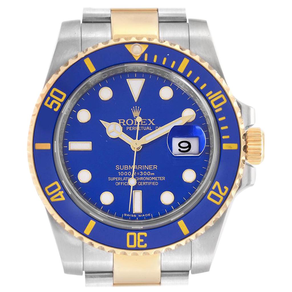 Rolex Submariner Blue Dial Steel Yellow Gold Men's Watch 116613 Box Card For Sale