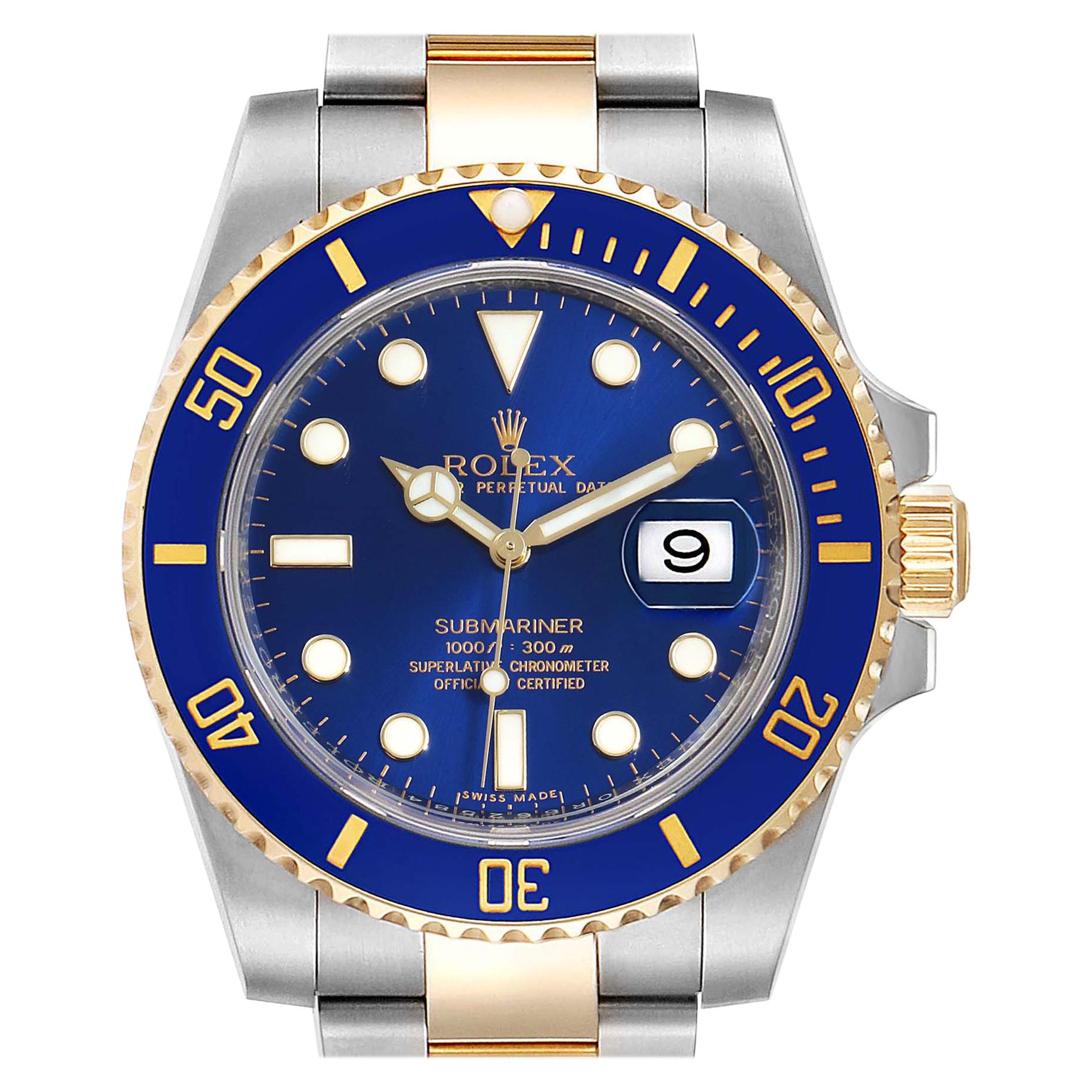 Rolex Submariner Blue Dial Steel Yellow Gold Men's Watch 116613 Box Card