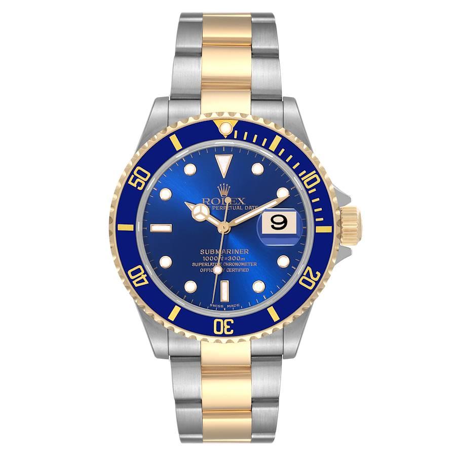 Rolex Submariner Blue Dial Steel Yellow Gold Mens Watch 16613 Box Card. Officially certified chronometer automatic self-winding movement. Stainless steel and 18k yellow gold case 40 mm in diameter. Rolex logo on the crown. Blue insert special