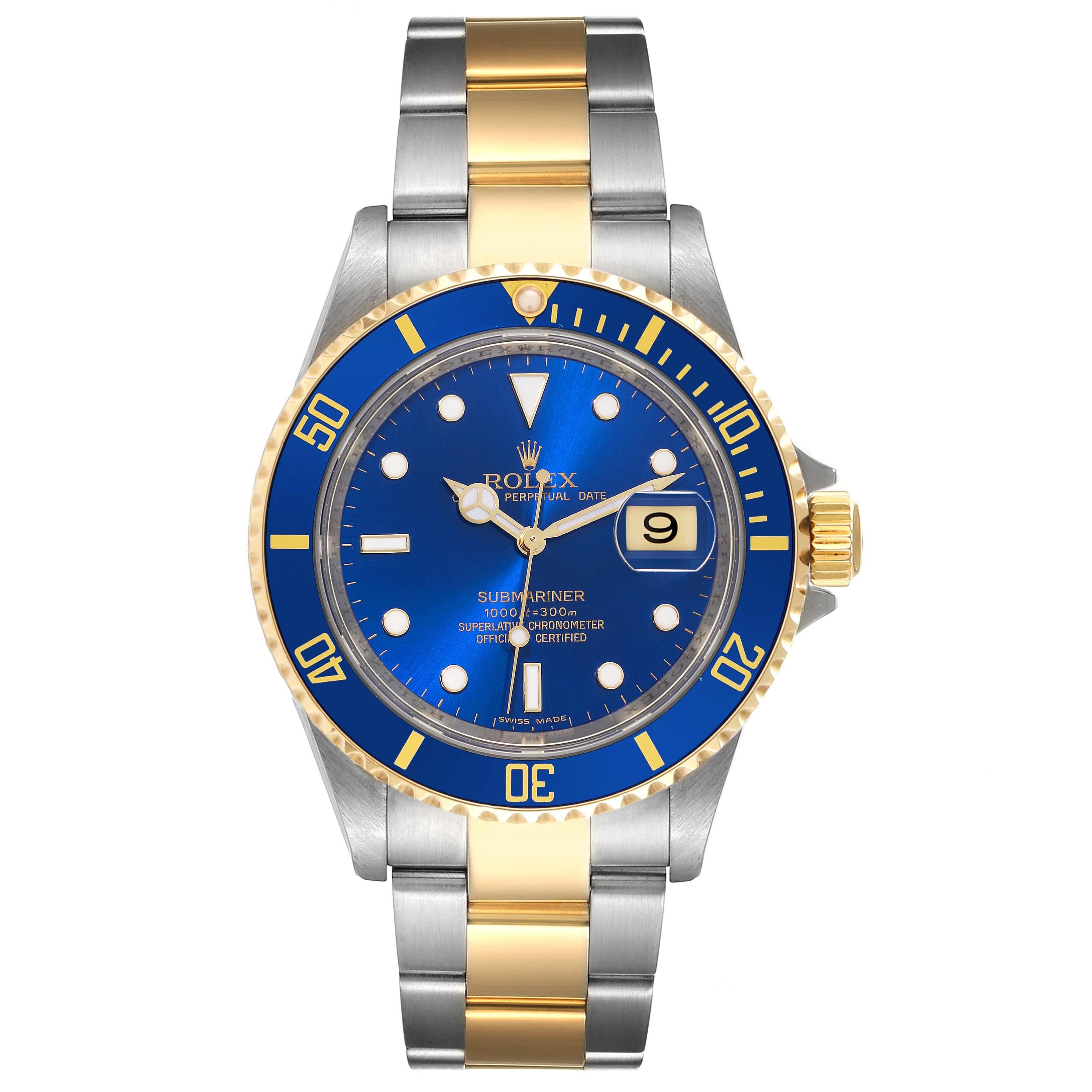 Rolex Submariner Blue Dial Steel Yellow Gold Mens Watch 16613 Box Card For Sale 5