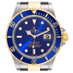 Rolex Submariner Blue Dial Steel Yellow Gold Mens Watch 16613 Box Card