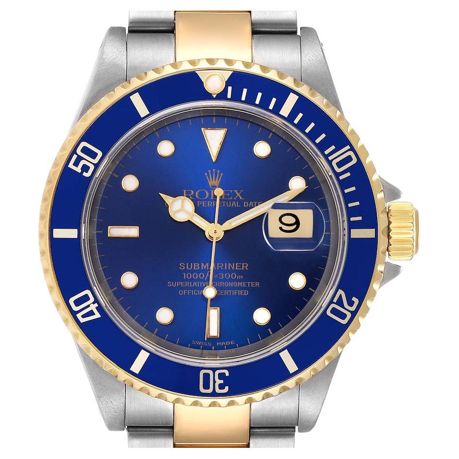 Rolex Submariner Blue Dial Steel Yellow Gold Mens Watch 16613 Box Card For Sale