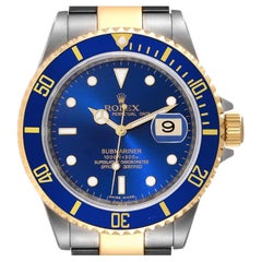 Rolex Submariner Blue Dial Steel Yellow Gold Mens Watch 16613 Box Card
