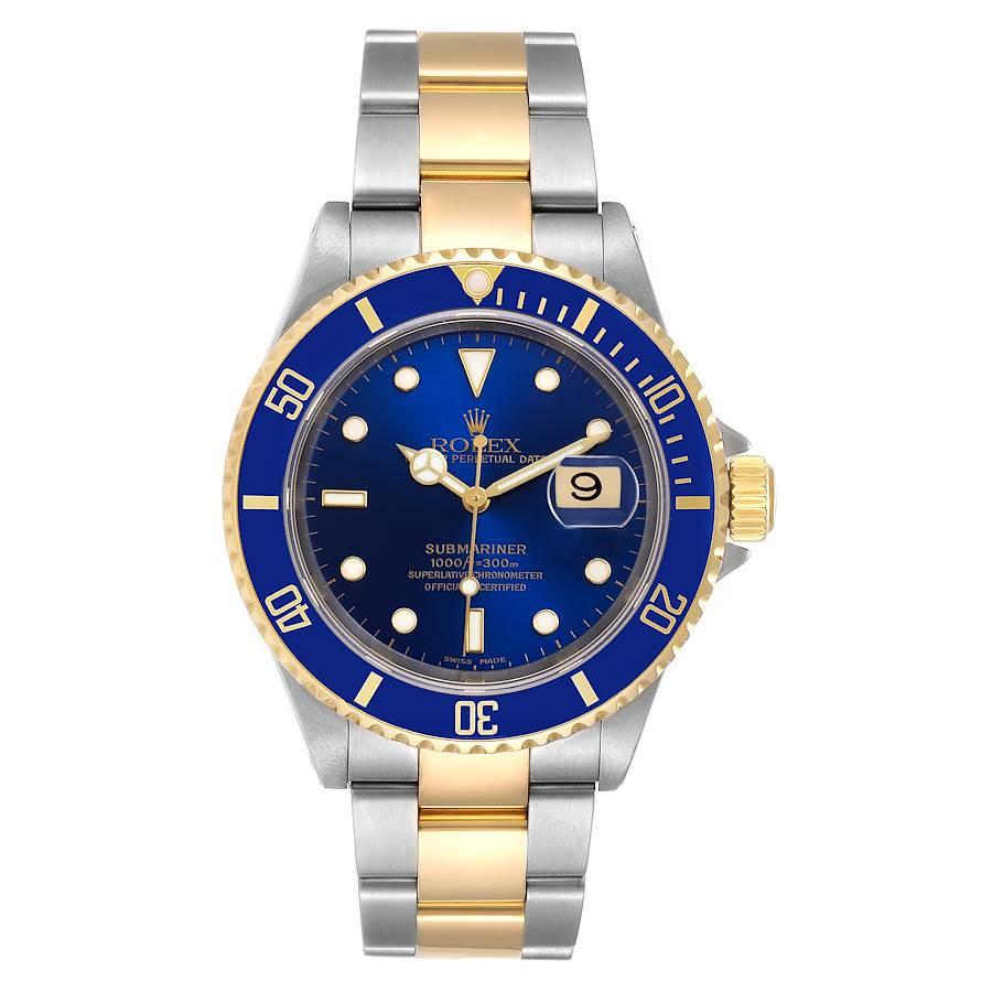 Rolex Submariner Blue Dial Steel Yellow Gold Mens Watch 16613 Box Paper. Officially certified chronometer self-winding movement. Stainless steel and 18k yellow gold case 40 mm in diameter. Rolex logo on a crown. Blue insert special time-lapse