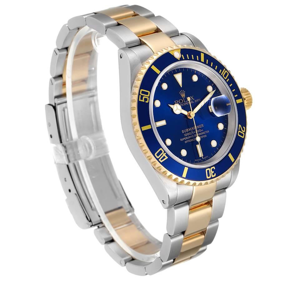 Rolex Submariner Blue Dial Steel Yellow Gold Mens Watch 16613 Box Paper In Excellent Condition For Sale In Atlanta, GA