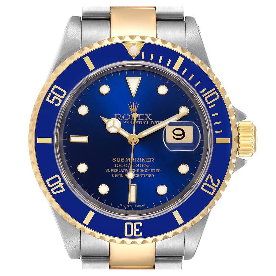 Rolex Submariner Blue Dial Steel Yellow Gold Mens Watch 16613 Box Paper For Sale