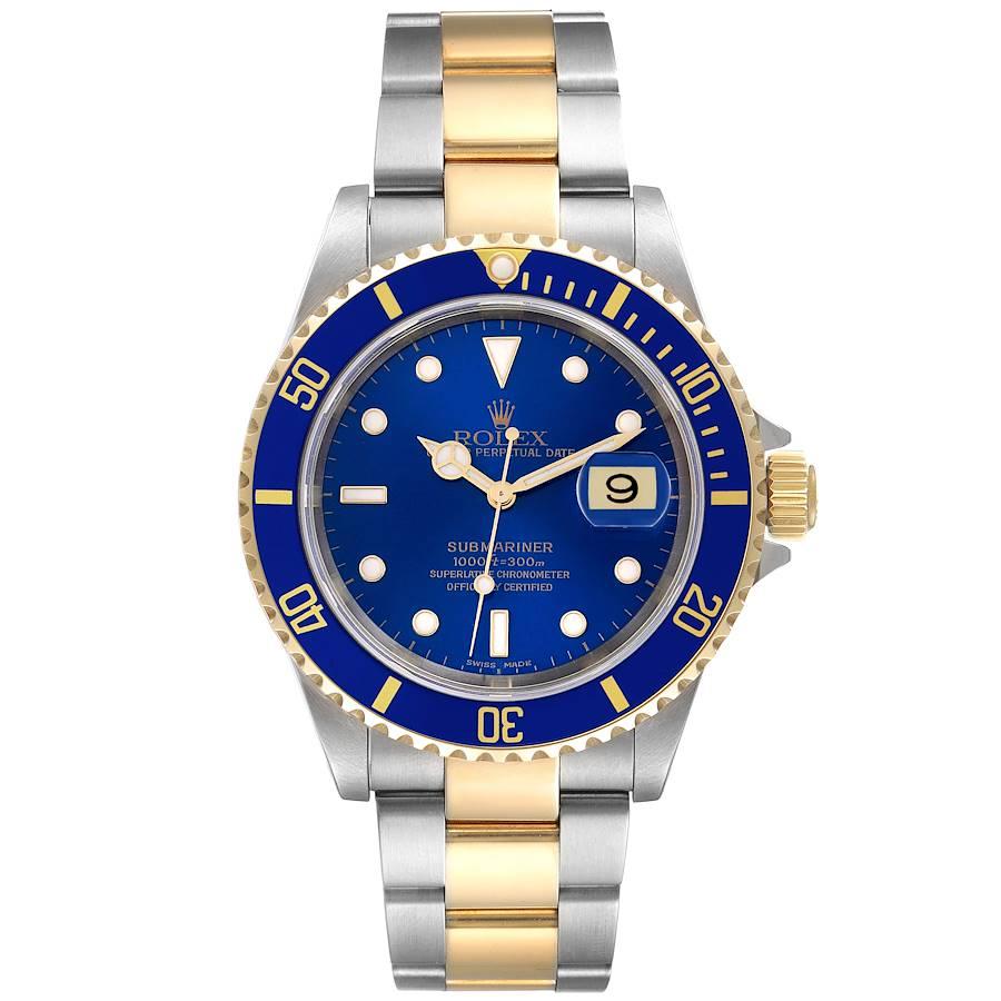 Rolex Submariner Blue Dial Steel Yellow Gold Mens Watch 16613 Box Papers. Officially certified chronometer self-winding movement. Stainless steel and 18k yellow gold case 40 mm in diameter. Rolex logo on a crown. Blue insert special time-lapse