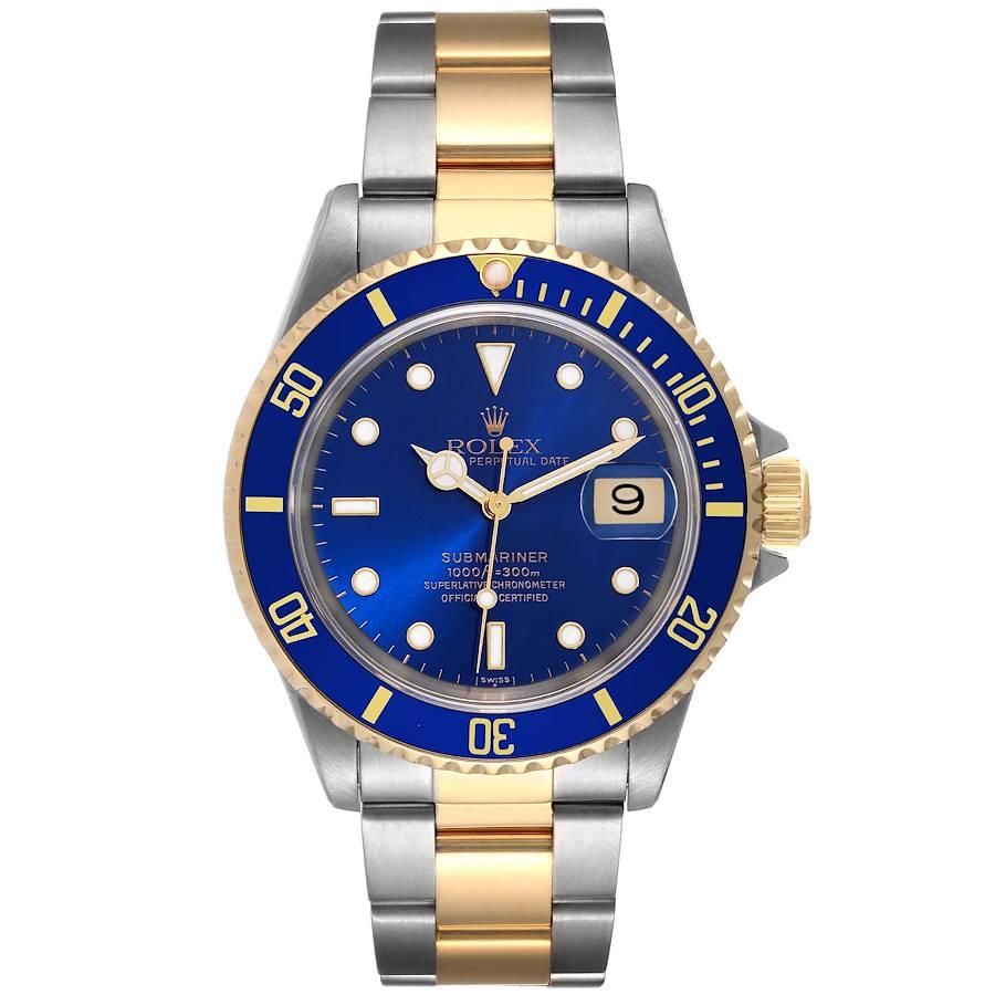 Rolex Submariner Blue Dial Steel Yellow Gold Mens Watch 16613 Box Papers. Officially certified chronometer self-winding movement. Stainless steel and 18k yellow gold case 40 mm in diameter. Rolex logo on a crown. Blue insert special time-lapse
