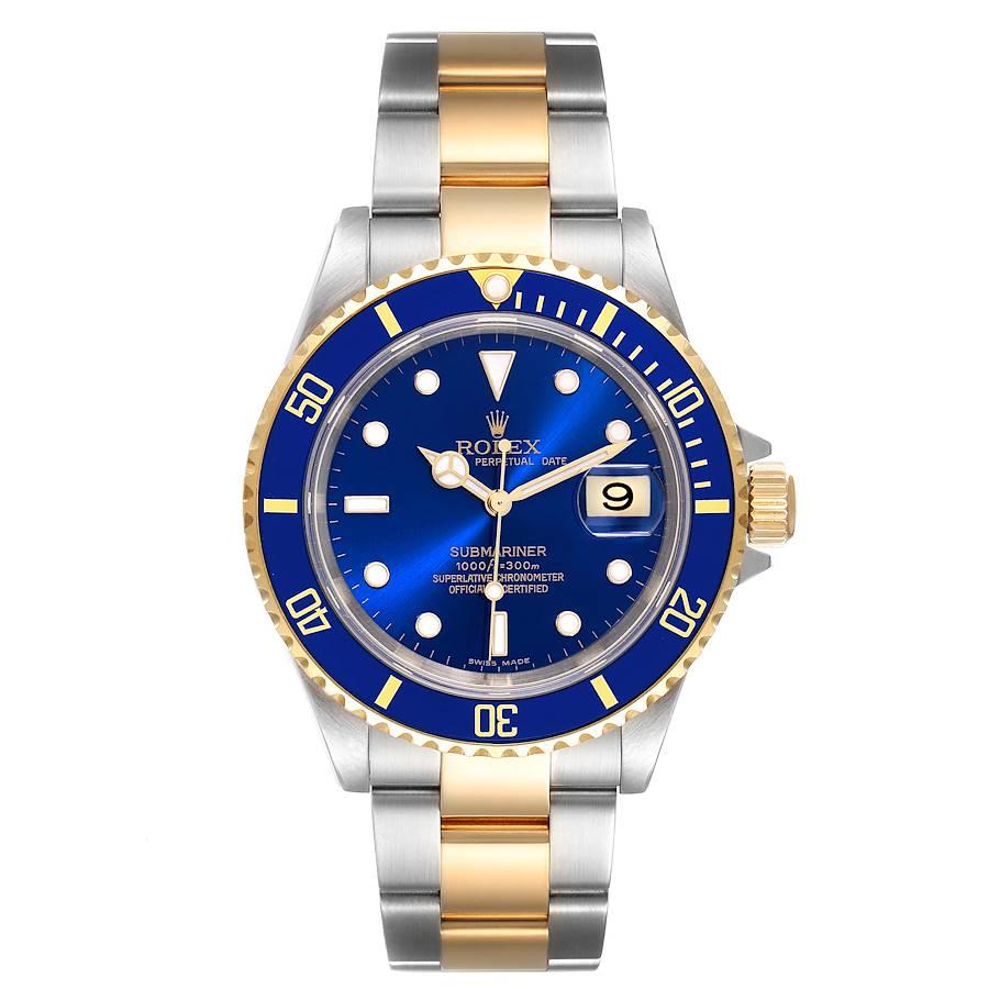 Rolex Submariner Blue Dial Steel Yellow Gold Mens Watch 16613 Box Papers. Officially certified chronometer self-winding movement. Stainless steel and 18k yellow gold case 40 mm in diameter. Rolex logo on a crown. Blue insert special time-lapse