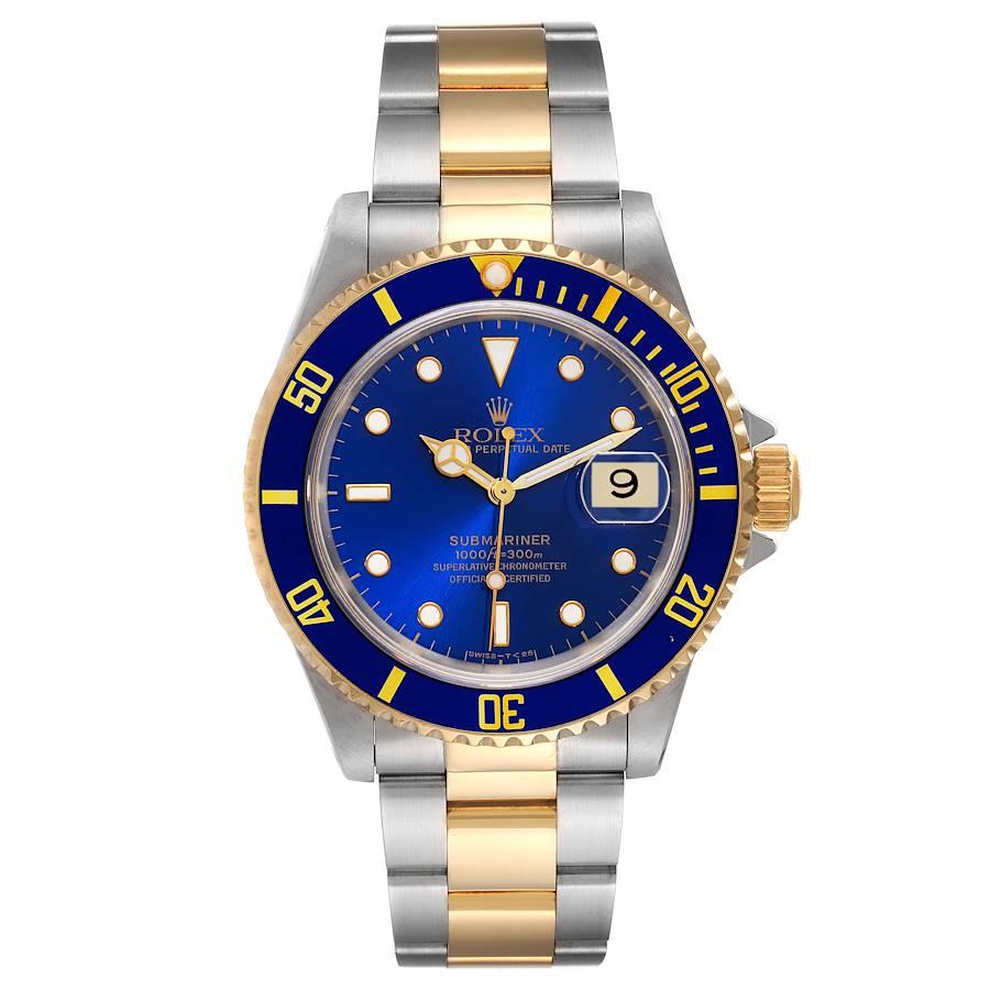 Rolex Submariner Blue Dial Steel Yellow Gold Mens Watch 16613 Box Papers. Officially certified chronometer automatic self-winding movement. Stainless steel and 18k yellow gold case 40 mm in diameter. Rolex logo on the crown. Blue insert special