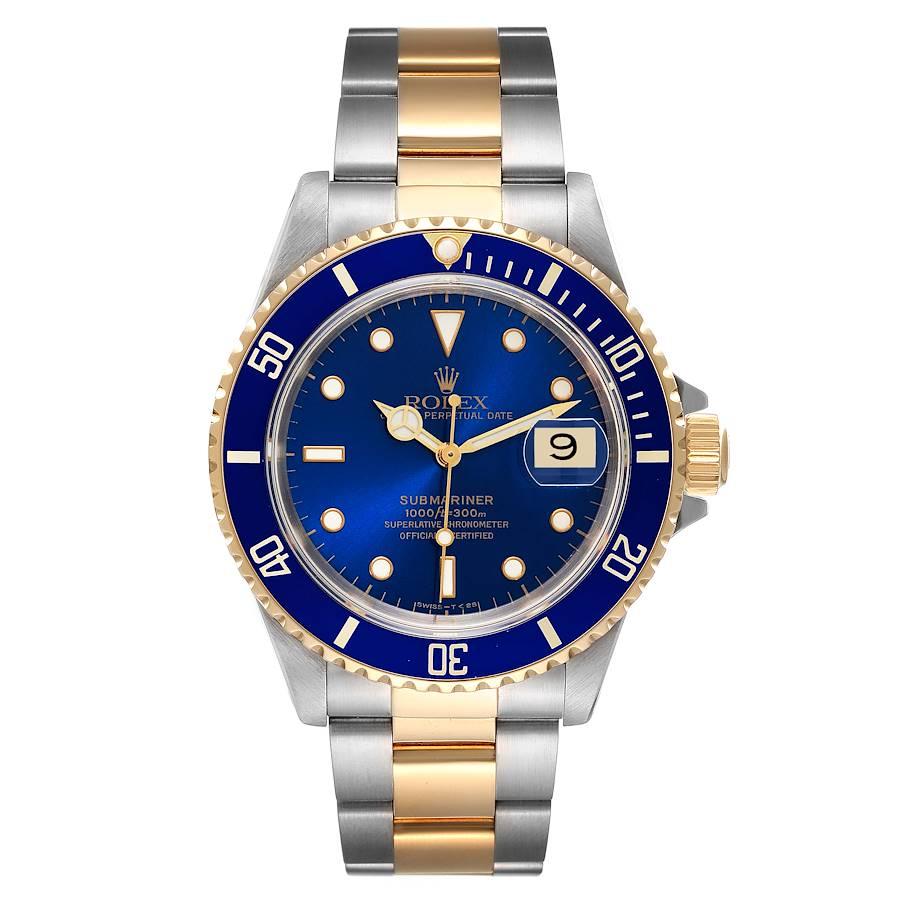 Rolex Submariner Blue Dial Steel Yellow Gold Mens Watch 16613 Box Papers. Officially certified chronometer automatic self-winding movement. Stainless steel and 18k yellow gold case 40 mm in diameter. Rolex logo on the crown. Blue insert special