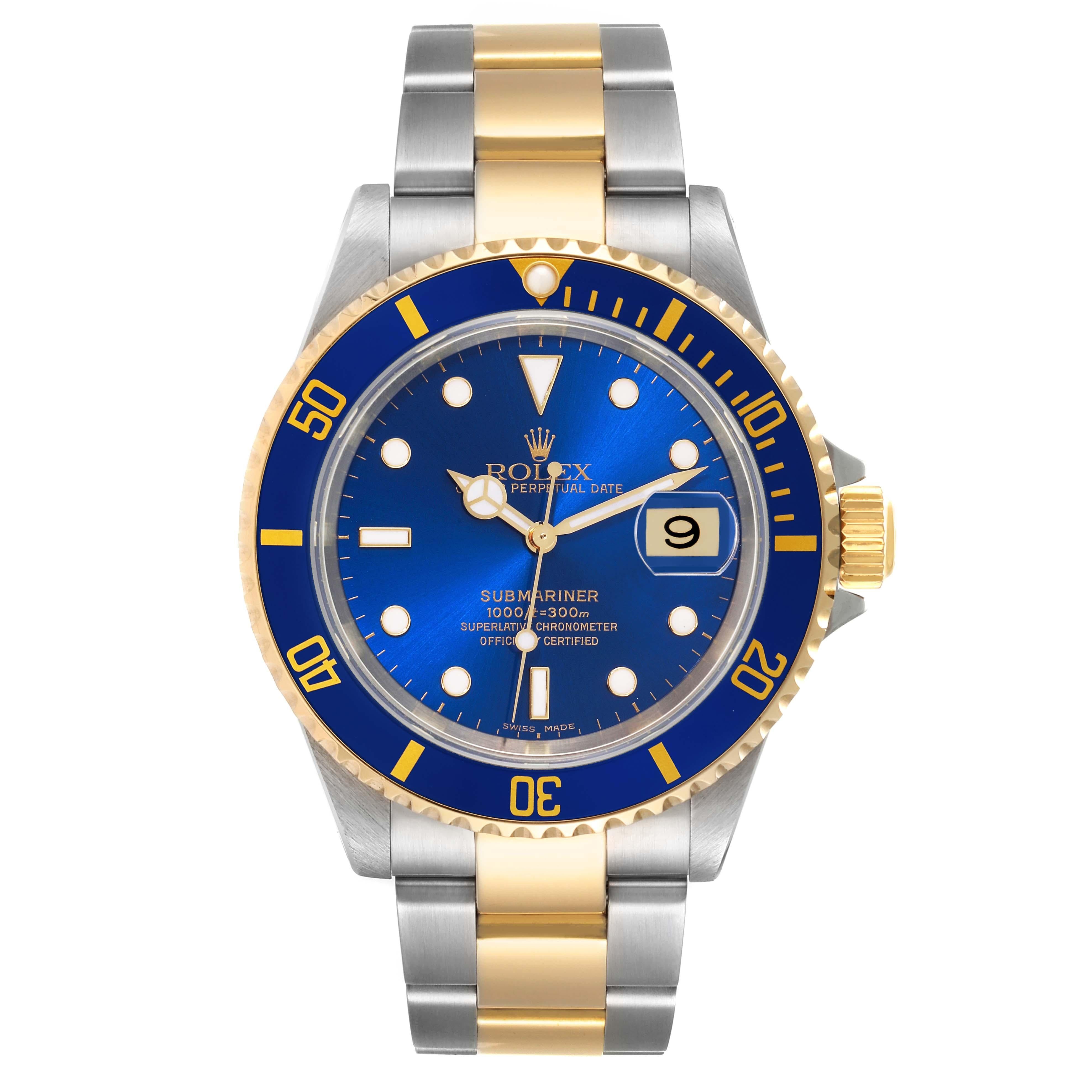 Rolex Submariner Blue Dial Steel Yellow Gold Mens Watch 16613 Box Papers. Officially certified chronometer automatic self-winding movement. Stainless steel and 18k yellow gold case 40 mm in diameter. Rolex logo on the crown. Blue insert special